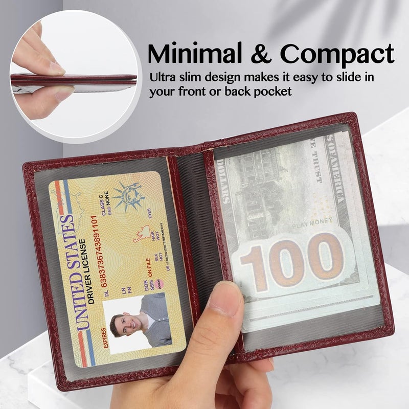 Unaone Slim Minimalist Wallet - Premium Leather RFID Blocking Front Pocket Wallets with 8 Card Slots and 2 ID Window, Wine Red - Image 5